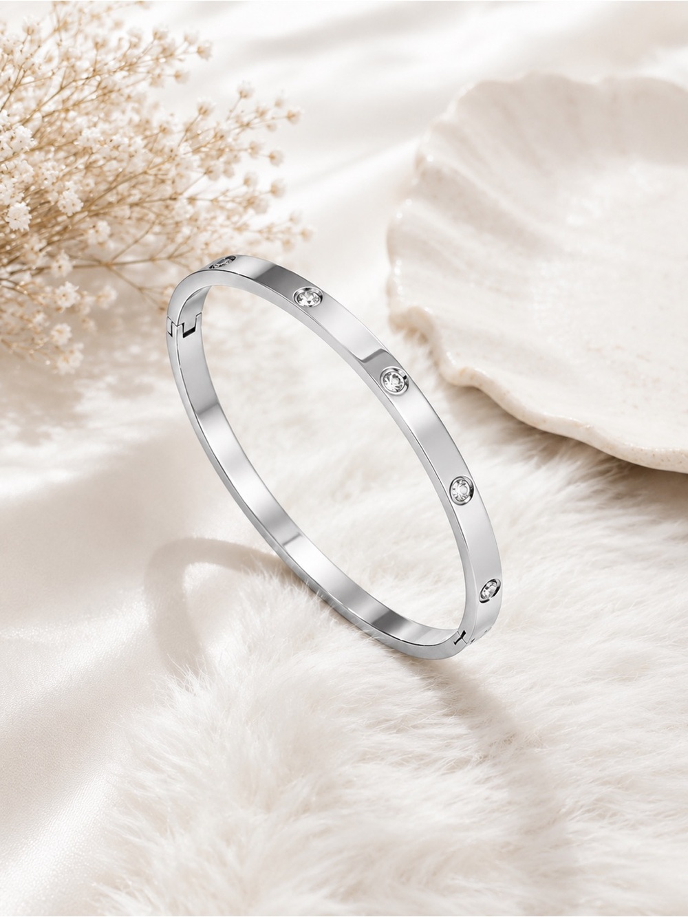 Polished Silver Crystal Accent Bangle Bracelet